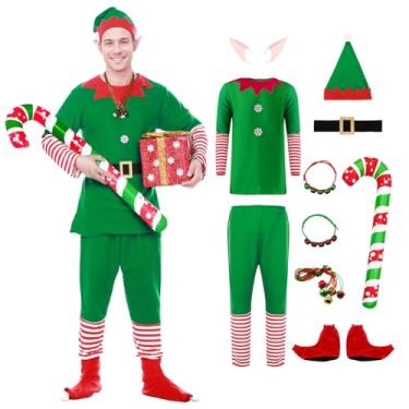 Imagem de SERTAS Conjunto de fantasia de elfo de Natal para homens, fantasia de ajudante do Papai Noel, vestido de Papai Noel, cosplay, festa, Vermelho e verde, P