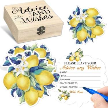 Imagem de 60 peças de cartões de conselhos e desejos de chá de panela de limão com caixa de lembrança de madeira, para decorações de festa da Costa Amalfitana, decorações de chá de panela cítrico, lembrancinhas