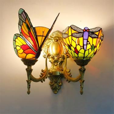 Imagem de Luminária de parede retrô americana LED estilo europeu de luxo para sala de estar, quarto, escritório, casa de campo, hotel, restaurante, café, bar, corredor, com vidro colorido (Estilo 21)