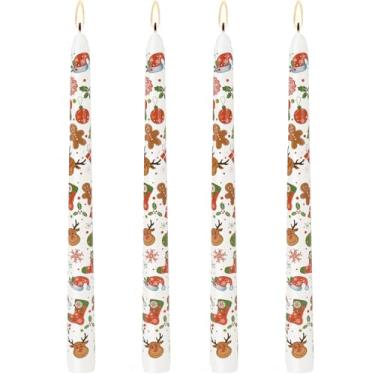 Imagem de Velas cônicas de Natal com estampa de pão de gengibre, castiçais de 25,4 cm de comprimento, decorações de Natal, velas brancas sem cheiro para decoração de festa e casa