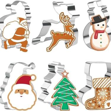 Imagem de 6 peças de cortadores de biscoito de Natal de aço inoxidável, formas de boneco de neve/árvore/alce para decoração de panificação
