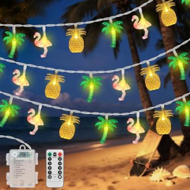 Imagem de Crazepony 30 luzes LED de 16,4 m, flamingo tropical, abacaxi, palmeira, 8 modos, Natal, Ano Novo, praia, havaiano, cordão de luzes - operado por bateria para decoração de piscina Luau, decoração de
