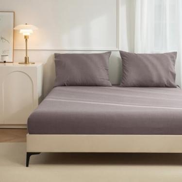 Imagem de JIYUAN Jogo de lençol Queen 100% algodão lavado, confortável, macio e respirável, lençol com elástico profundo (cabe em colchões de até 43 cm) + 2 capas, marrom malva mesclado