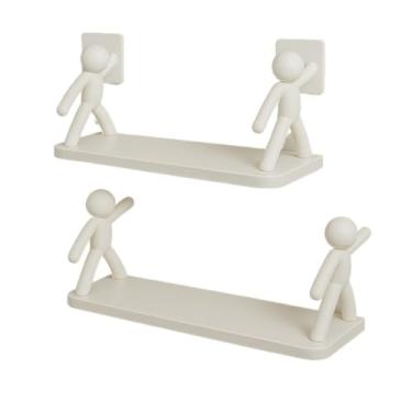 Imagem de Kit Duas Prateleira Estante Bonequinho plástico com suporte decorativa banheiro cozinha C/Adesivo (Branco 2UN)