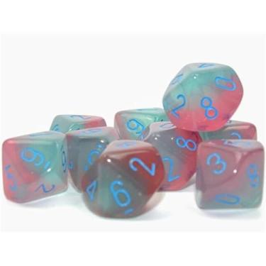 Imagem de Wondertrail Gel Green and Pink Gemini Luminary Dice with Light Blue Numbers D10 16mm (5/8in), Oxi-Copper Marble, Pack of 10