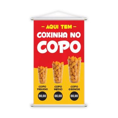 Imagem de Banner Promocional de Coxinha, Placa Decorativa para Lanchonete, Vermelho e Amarelo, 80x50cm, com Suporte para Parede