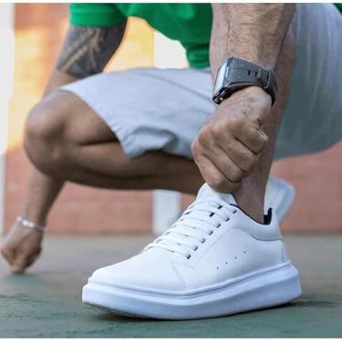 Imagem de Tênis Masculino Sneaker Casual Sola Alta Sapatenis Confortável Couro Vegano Aumenta Altura Estiloso Versátil (BRANCO/BRANCO, BR, Adulto, Numérico, 42)