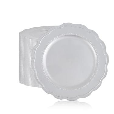 Imagem de REWOMC 50 peças de pratos de jantar prateados, pratos redondos de plástico de 33 cm, pratos decorativos de acrílico, adequados para banquetes, festas, casamentos