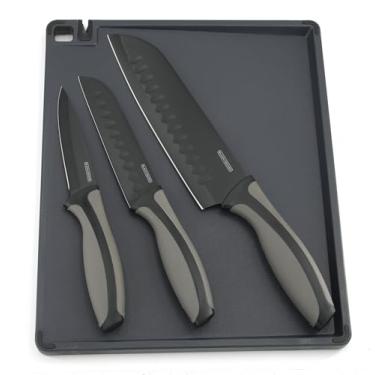 Imagem de BLACK+DECKER Jogo de Facas e Tábua 4 Peças Lancaster - Lâminas com Revestimento Antiaderente, Cabos Ergonômicos com Acabamento de Toque Suave e Tábua de corte com Afiador Embutido