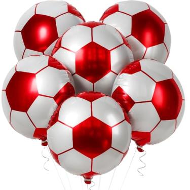 Imagem de Balões de futebol para decorações de festa de futebol vermelho – 45 cm, balões de mylar de futebol vermelho | balões de bola de futebol 4D redondos para artigos de festa de aniversário de futebol | Artigos de festa de aniversário temáticos de futebol