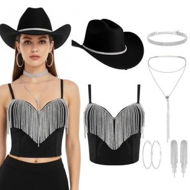 Imagem de Chicingyou 7 peças de roupa de vaqueira feminina com strass, chapéu de cowboy, prata, brilhante, colar, argola, brinco, regata, Preto e prata, M