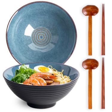 Imagem de Tacuhy Conjunto de 2 tigelas de ramen de cerâmica japonesa de 1,134 g com pauzinhos e colheres para macarrão de sopa asiática Pho Udon (esmalte azul)