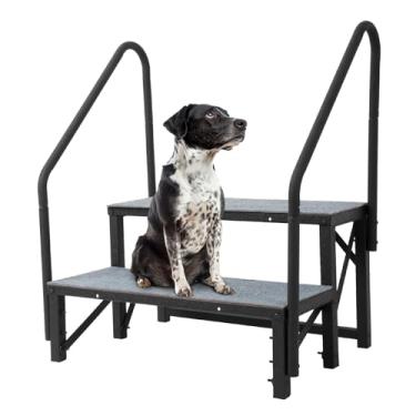 Imagem de WUTIST Escadas para trailers com corrimões, banheira de hidromassagem de 2 degraus, escadas externas com tapetes, escada portátil para casa móvel resistente para trailers de viagem, trailers de viagem