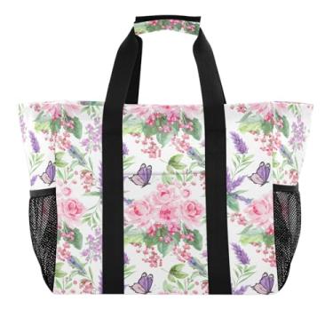 Imagem de Wassud Tulipas aquarela, borboletas, lavanda, borboletas, reutilizáveis, sacola grande, bolsa organizadora de lona à prova d'água para praia, piquenique, lavanderia, viagem