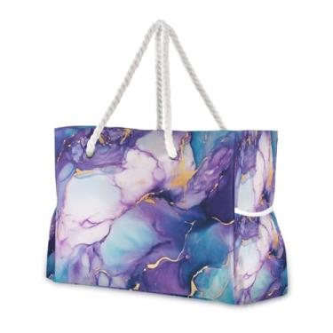 Imagem de Wassud Bolsa de praia grande em mármore dourado roxo para mulheres, impermeável, à prova de areia, bolsa de viagem com zíper e bolso para piscina, academia, acampamento