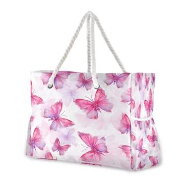 Imagem de Wassud Bolsa de praia fofas borboletas grandes bolsas de praia para mulheres, à prova d'água, à prova de areia, bolsa de viagem com zíper e bolso para piscina, academia, acampamento