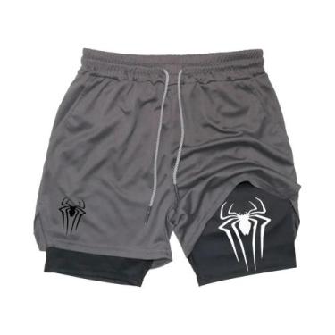 Imagem de Shorts Esportivos Masculinos Com Estampa De Aranha, Compressão 2 Em 1,