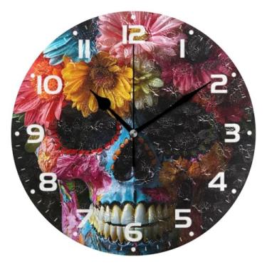 Imagem de JUZIHAI Relógio de parede com flores de caveira mexicana, silencioso, sem tique-taque, redondo, operado por bateria, fácil de ler, relógio decorativo de parede para casa, cozinha, sala de estar