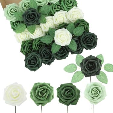 Imagem de DuHouse 25 peças de rosas artificiais flores falsas com hastes flores de espuma de toque real para buquê de casamento, chá de bebê, centro de mesa, arranjo floral, decoração de casa (verde marfim)