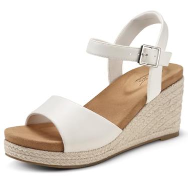 Imagem de SHIBEVER Sandálias femininas plataforma plataforma: espadrille elegante confortável verão dedo aberto tira no tornozelo fivela feminina sandália, Branco, 34