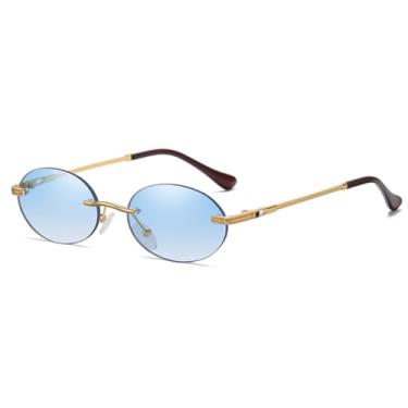 Imagem de Óculos de sol vintage oval sem aro, masculino, armação pequena, azul, fashion, redondo, feminino, metal, dourado, uv400, sem moldura (3)