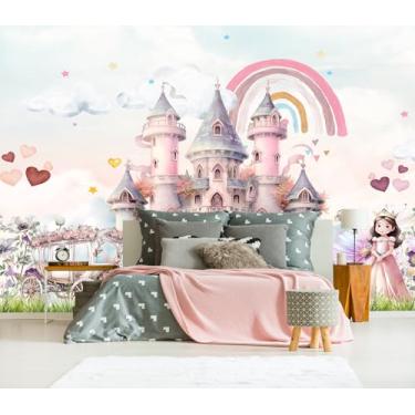 Imagem de XMPMBM M04XL Papel de parede de princesa rosa desenho animado cidadela arco-íris nuvens quarto meninas banheiro parede mural - 398.8 cm x 274.3 cm (118 pés quadrados)