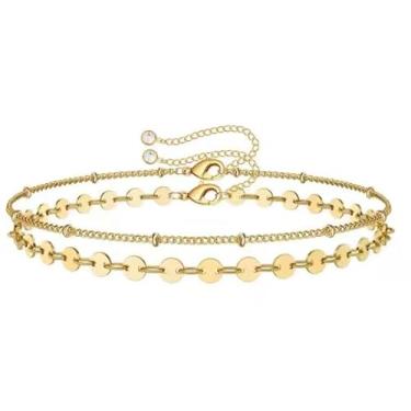 Imagem de Pulseira de corrente de moedas de 2 camadas de ouro – joia feminina de aço inoxidável banhada a ouro 18 quilates com corrente ajustável em camadas – impermeável, antimanchas, elegante, empilhável