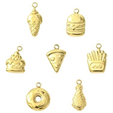 Imagem de KitBeads Pingentes de aço inoxidável, 14 peças, 7 estilos, banhado a ouro 18K, pizza, hambúrguer, bolo, pingentes para fazer joias, colares e brincos