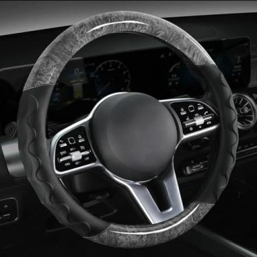 Imagem de Knonip Capa de volante de couro automotivo grão de madeira pêssego respirável antiderrapante durável universal 38 cm envoltório para volante (cinza)