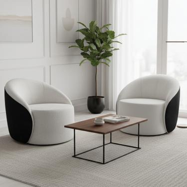 Imagem de Poltrona Sala Orgânica Kit 2 Lua Fixa Sintético PU Preto/Bouclê Cinza D03 - D'Rossi