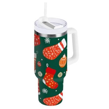 Imagem de Meias coloridas de Natal de aço inoxidável com alça e tampa de canudo para água, copos isolados de 850 g / 0,89 L