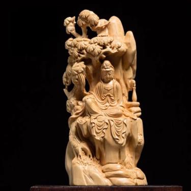 Imagem de FENNYYAR Estátua de Bodhisattva Guanyin esculpida em madeira de buxo, 16 cm, estatueta artesanal para decoração de altar