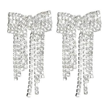 Imagem de Brincos de laço para mulheres lustre com borla – strass brilhante e detalhes de cristal com laço prateado, pingente leve para noiva (DTE1516286S), Medium, Strass, Strass