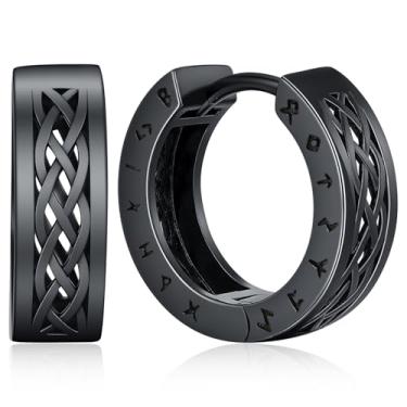 Imagem de Brincos Viking nórdicos para homens e mulheres 16 mm prata esterlina 925 aço inoxidável Huggie Rune brinco de argola celta joias viking presentes brincos de argola punk resistente prata preto, one