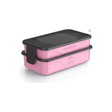 Imagem de Marmita Dupla Organizador Rosa com Talheres Inox, 1,3 Litros, Livre de BPA, 2 Potes Empilháveis com Trava, Divisória Móvel, Polipropileno