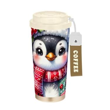Imagem de Caneca de viagem de café 40 ml com canudo e tampa, copo de café de aço inoxidável à prova de vazamento para escritório, escola, festa, acampamento, estampa de pinguim fofo de Natal