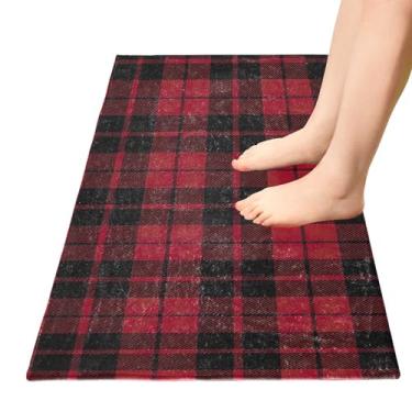 Imagem de TSENQUE Tapete de banheiro xadrez vermelho e preto, tapetes de cozinha, tapetes de entrada antiderrapantes, tapete de banheiro absorvente estético para decoração de quarto de casa, 99 x 50 cm