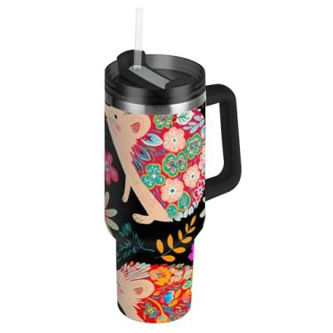 Imagem de Joisal Copos com tampa e canudos, ouriços, colorido, floral, preto, copo de 850 g com alça à prova de vazamento, garrafas de água isoladas, de aço inoxidável, carros, caneca de café, bebida quente