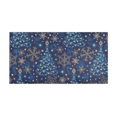 Imagem de Tapete de banheiro azul com guirlanda festiva de árvore de Natal 99 x 50 cm antiderrapante absorvente pelúcia grande tapete de banheiro