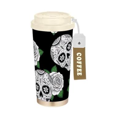 Imagem de Caneca de viagem de café 40 ml com canudo e tampa, revestimento cerâmico isolado a vácuo copo de café de aço inoxidável à prova de vazamento, crânios de açúcar branco rosas pretas