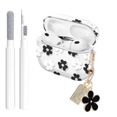 Imagem de Aircawin Capa transparente para Airpods Pro 3, design floral preto fofo para Airpods Pro 3, acessórios de pele de TPU macio à prova de choque com chaveiro de flores femininas e caneta de limpeza para
