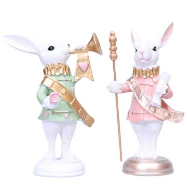 Imagem de werdecade Estatuetas de coelhinho da Páscoa, estátua de coelhinho da Páscoa com cetro de chifre retrô, coelho colorido, soldado, estatuetas de Páscoa colecionáveis para decoração de mesa de primavera