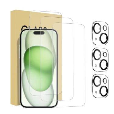 Imagem de Pacote com 3 + 3 protetores de tela para iPhone 15 Plus de 6,7 polegadas de vidro temperado com protetor de lente de câmera, kit de instalação premium mais fácil, sem bolhas, compatível com capas