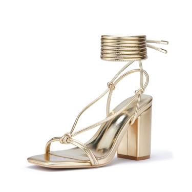 Imagem de GENSHUO Sandálias femininas de bico quadrado com cadarço salto alto grosso com tiras sandálias de salto com nó de salto para baile de casamento sapatos dourados tamanho 6, Ouro A, 6