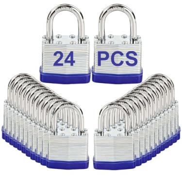 Imagem de SEPOX Cadeados com chave ao ar livre, corpo de aço laminado reforçado resistente 1-9/40.6 cm 40 mm, manilha padrão não cortável, pacote com 24 peças, 24 peças mesmas chaves, para armário de academia