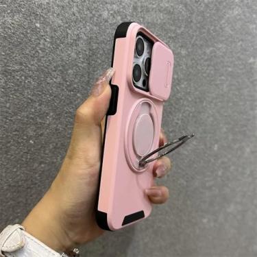 Imagem de Capa com suporte de anel giratório e cordão para iPhone 16, 15 Pro Max, 14 Plus, 11, 13 e 12, alça de pulso, capa deslizante para câmera, rosa B, para iPhone 12