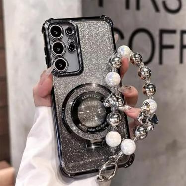 Imagem de Capa com suporte e pulseira de contas com revestimento de glitter à prova de choque para Samsung Galaxy S25 S24 S23 S22 S21 S20 Note 20 Ultra Plus FE, preta, para S23 Ultra
