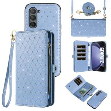 Imagem de Capa de celular para Samsung Galaxy Z Fold 5 5G 2023 com zíper carteira destacável com alça transversal alça de cordão bling glitter flip compartimento para cartão ZFold5 Z5 G Fold5 5Z mulheres homens