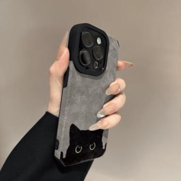 Imagem de IRTGFG Capa de silicone macia de couro camurça com estampa de gatinho preto de luxo para iPhone 16 Pro (para iPhone 16 Pro/cinza)