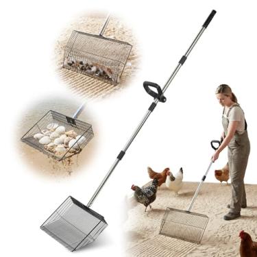 Imagem de AiQInu Pá de cocô de galinha extragrande resistente de aço de mola para cocô de galinha resistente 61 a 228 cm Pá de peneiramento ajustável para galinheiro com cabo longo de aço inoxidável e borracha